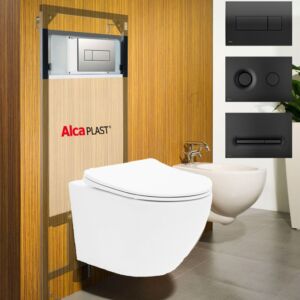 Казанче Alcaplast с черен бутон и конзолна тоалетна