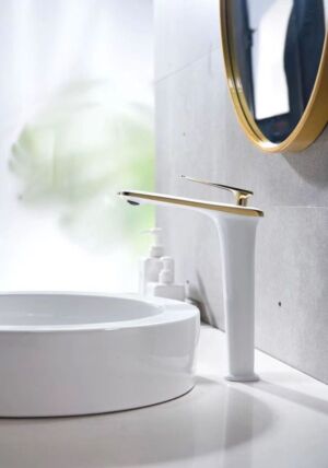 Висок бял смесител за купа Blandini Alure L White/Gold