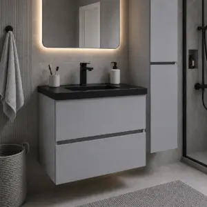 ПВЦ шкаф за баня 80х50 см сив цвят черна мивка с плотове и скрит сифон Torino