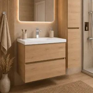 ПВЦ шкаф за баня 80х50 см цвят OAK бяла мивка с плотове и скрит сифон Torino
