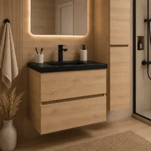 ПВЦ шкаф за баня 80х50 см цвят OAK черна мивка с плотове и скрит сифон Torino