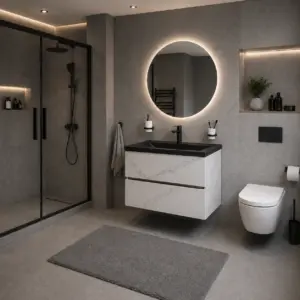 Мебел за баня 70х45 см с две чекмеджета мраморен ефект Mila Marble черна мивка