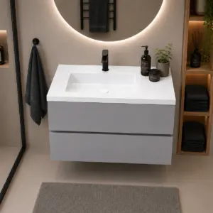 ПВЦ шкаф за баня 80х45 см сив цвят Gray бяла мивка с плот Porto L