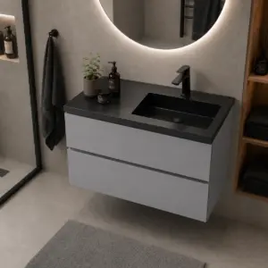 ПВЦ шкаф за баня 80х45 см сив цвят Gray черна мивка с плот Porto R