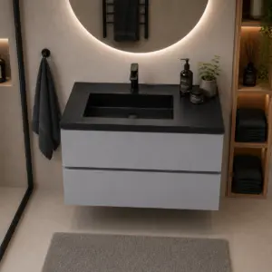 ПВЦ шкаф за баня 80х45 см сив цвят Gray черна мивка с плот Porto L