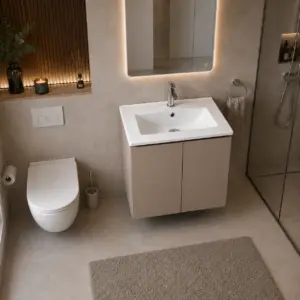 ПВЦ шкаф за баня цвят трюфел с бяла мивка ALBA 50 Truffle