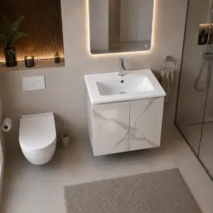 ПВЦ шкаф за баня с мраморен ефект и бяла мивка ALBA 50 Marble