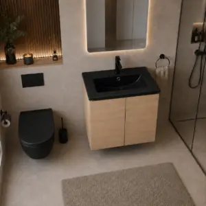ПВЦ шкаф за баня с цвят Дъб с черна мивка ALBA 50 OAK