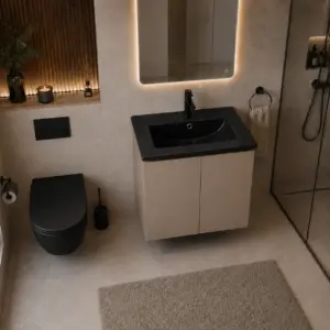 ПВЦ шкаф за баня цвят трюфел с черна мивка ALBA 50 Truffle