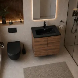 ПВЦ шкаф за баня цвят орех с черна мивка ALBA 50 Walnut