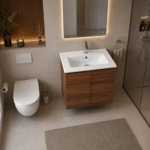 ПВЦ шкаф за баня цвят орех с бяла мивка ALBA 50 Walnut
