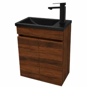 Малък ПВЦ шкаф цвят орех с вратички и черна мивка 43х23см Mini Walnut