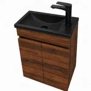Малък ПВЦ шкаф цвят орех с вратички и черна мивка 43х23см Mini Walnut