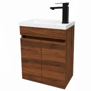 Малък ПВЦ шкаф цвят орех с вратички и бяла мивка 43х23см Mini Walnut