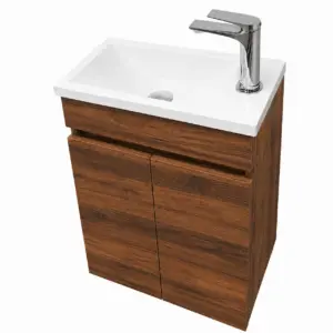 Малък ПВЦ шкаф цвят орех с вратички и бяла мивка 43х23см Mini Walnut