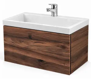 Висящ влаго- и водоустойчив PVC шкаф за баня в цвят Walnut с бяла гланцова мивка и хромиран смесител.