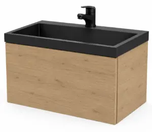 Дървесен пвц шкаф за баня Messina OAK с черна мивка 60 см